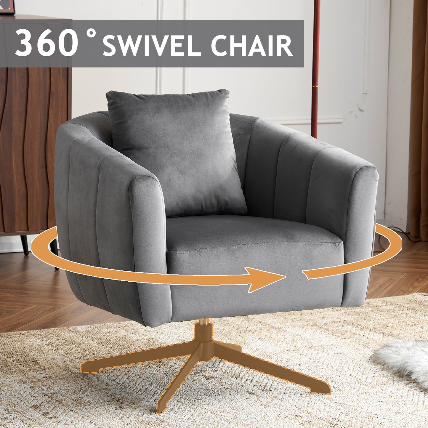 360° Swivel Velvet Accent Chair with Fluffy Cushion – Gray