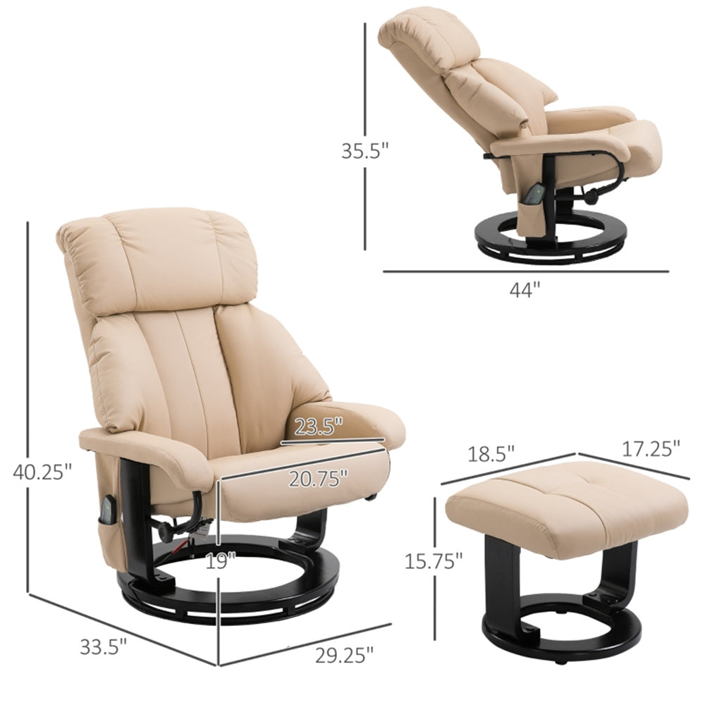 PU Leather Massage Recliner Chair with Ottoman & Remote, Beige