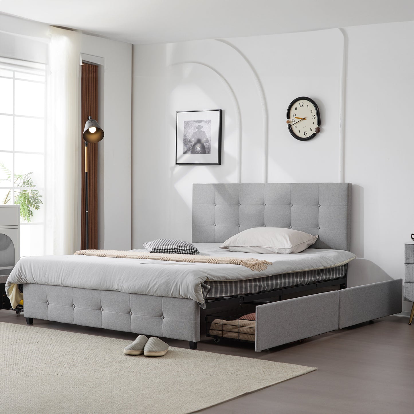 Queen Upholstered Platform Bed with 4 Drawers & Adjustable Tufted Headboard