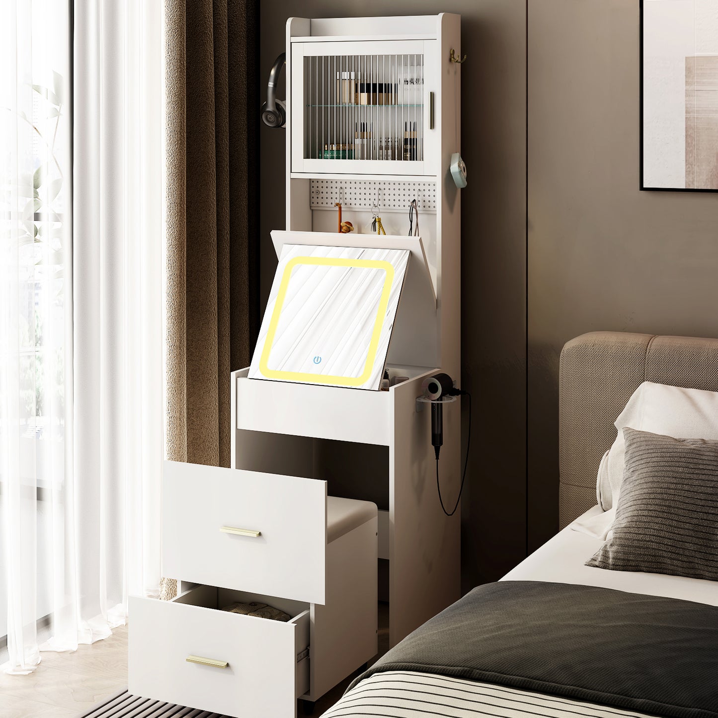 Compact Vanity Desk with Mirror, LED Lights, Charging Station & Stool, White