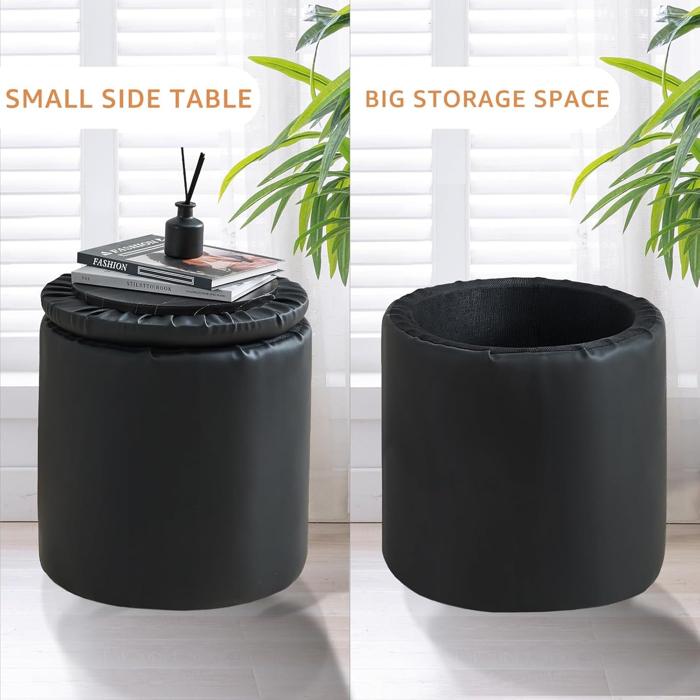 Black Faux Leather Round Storage Ottoman with Removable Lid