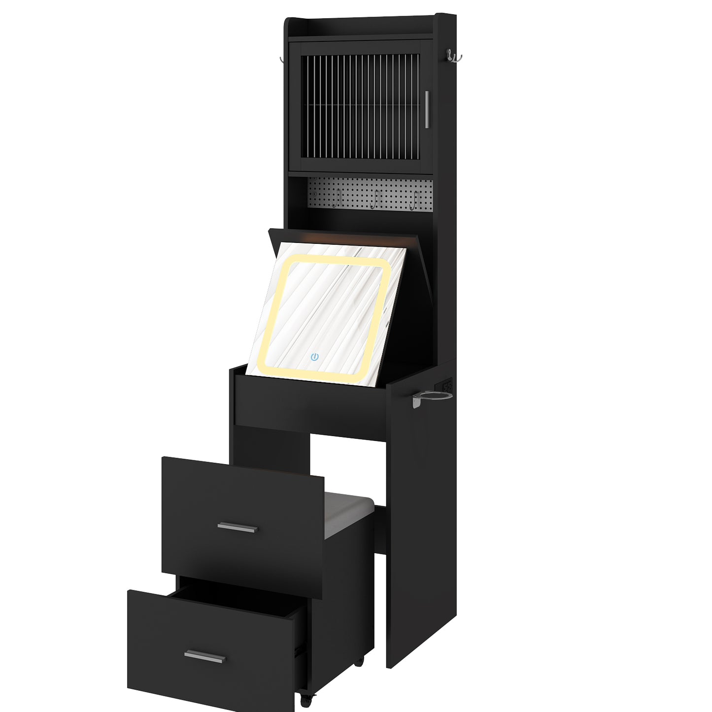 Compact Vanity Desk with Mirror, LED Lights, Charging Station & Stool, Black