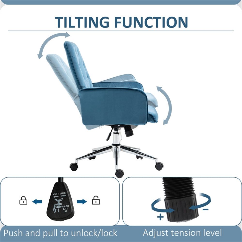 Blue Velvet Office Chair – Adjustable Height with Rocking Back & Armrests