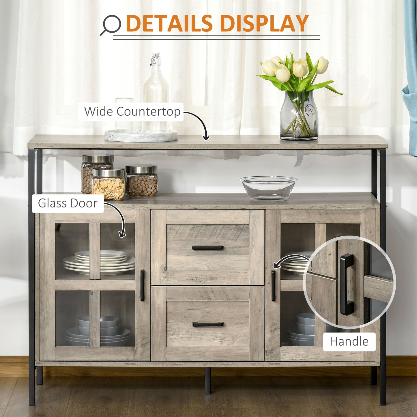 47" Industrial Gray Sideboard with Cabinets, Drawers & Open Shelf Storage