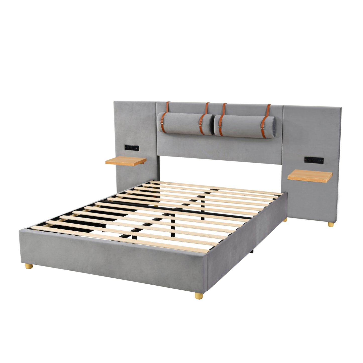 Queen Upholstered Platform Bed with USB Ports, Pillows & Storage Shelves – Gray