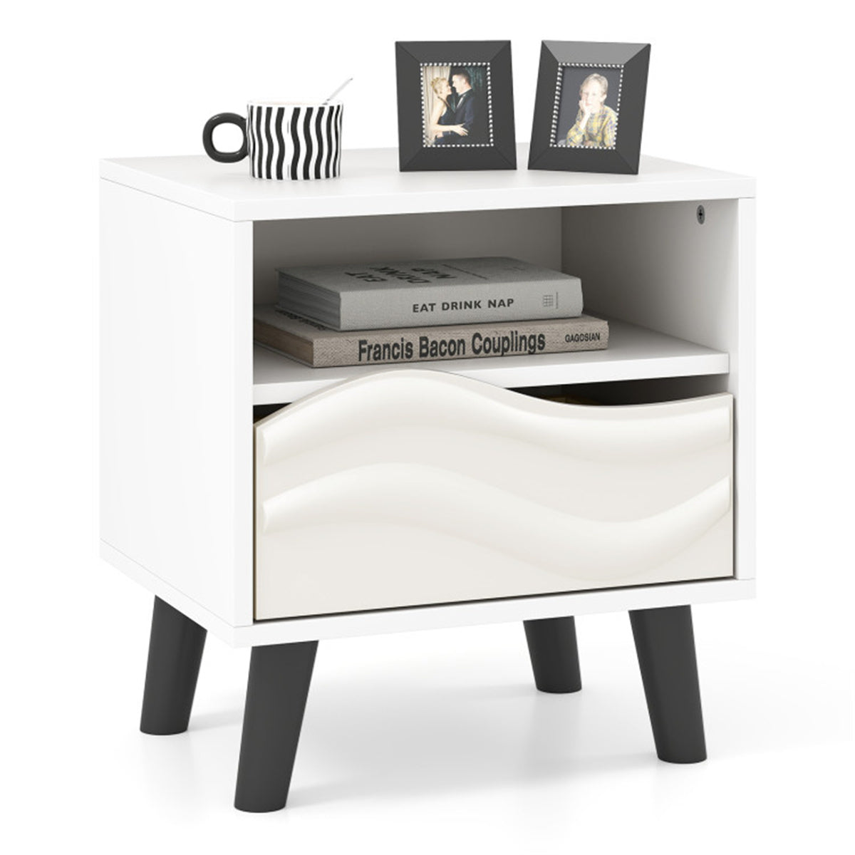 White Nightstand with Drawer & Open Shelf – Modern Compact Bedside Table