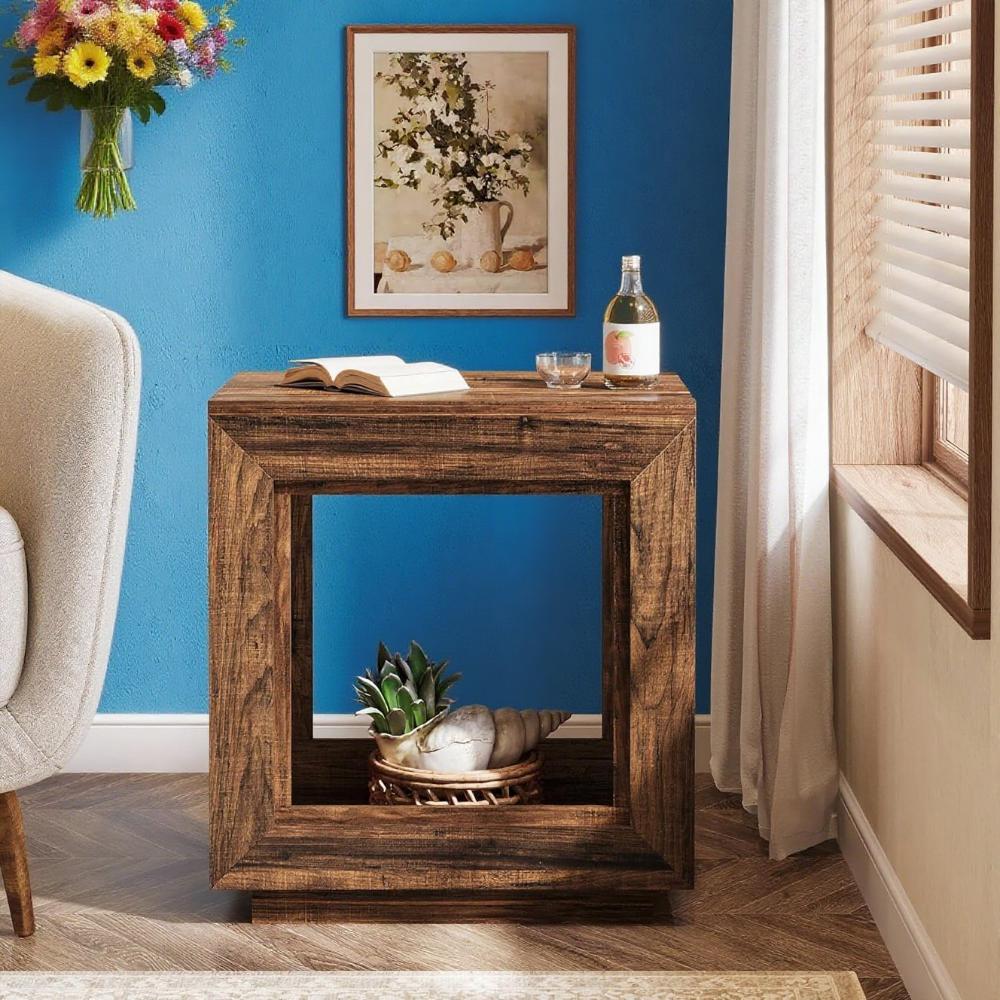 Rustic Farmhouse End Table with Shelf – Distressed Brown Coffee side Table