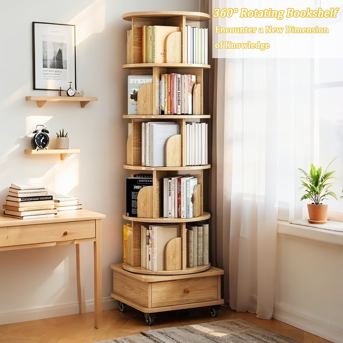 6-Tier 360° Rotating Bookshelf with Wheels & Drawer, Space-Saving Wood Color