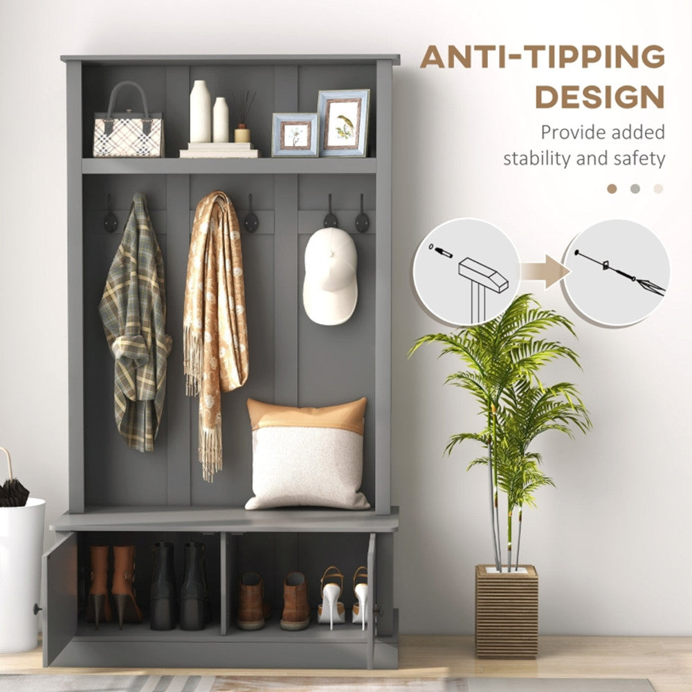 Gray Entryway Hall Tree with Storage Cabinet, Bench & Coat Rack