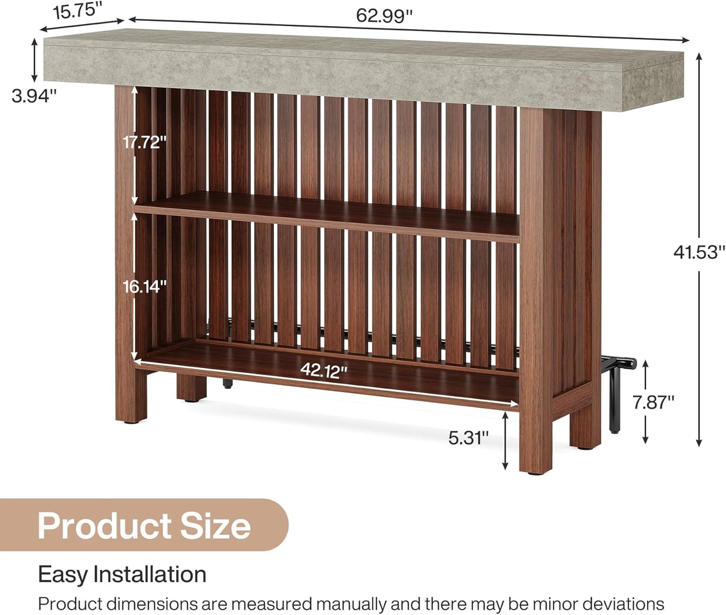 63" Brown Modern Bar Table with 2-Tier Storage, Footrest & Cement Texture Finish