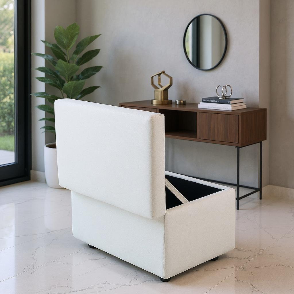 Beige Linen Storage Ottoman Bench with Hidden Compartment, 63×43×43cm