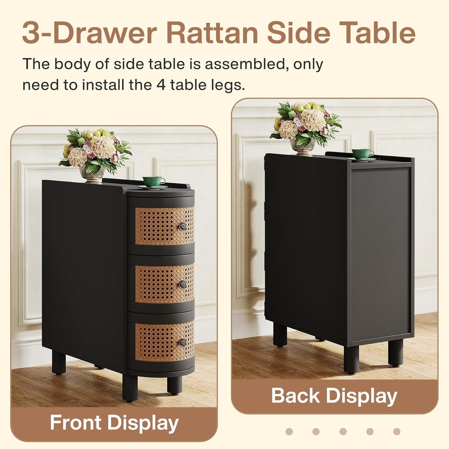 Rattan 3-Drawer Coffee Table with Vintage Metal Handles – Rustic Storage End Table