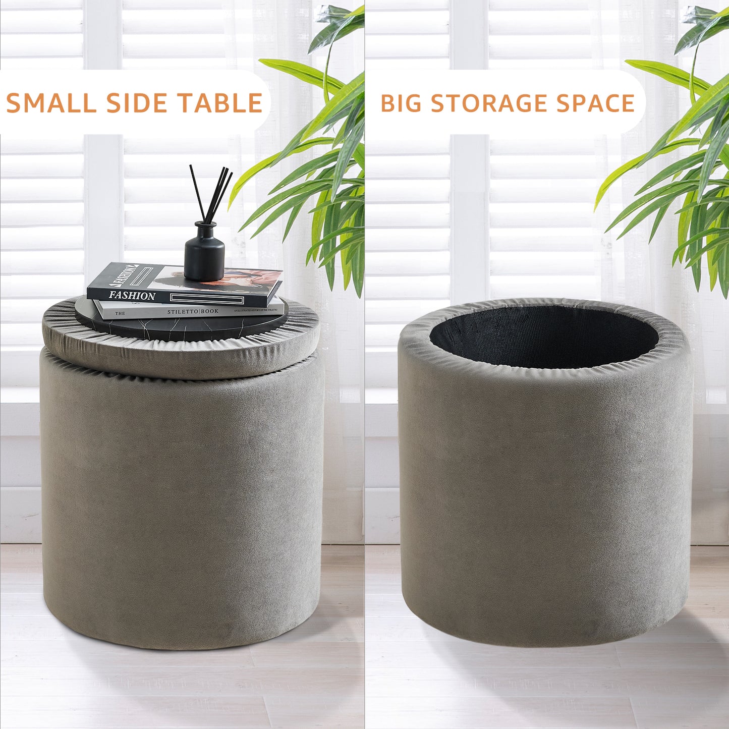 Velvet Grey Round Storage Ottoman with Removable Lid