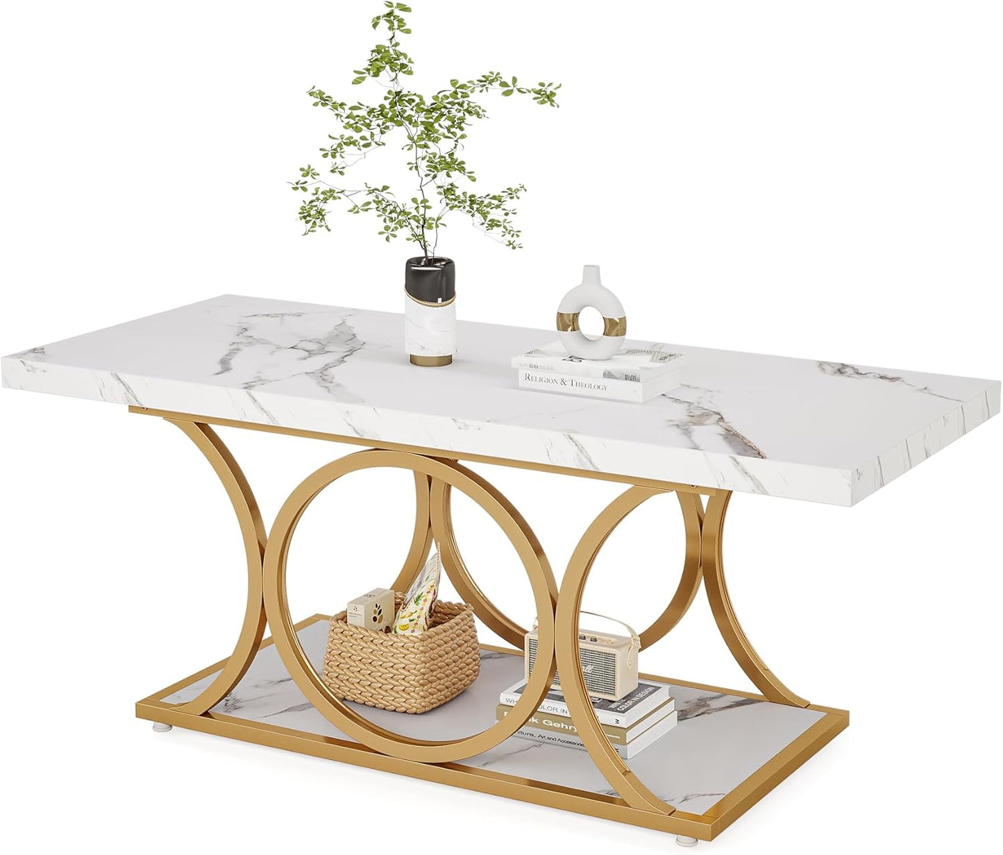 White Marble Coffee Table with Gold Frame – Luxury Modern Living Room Table