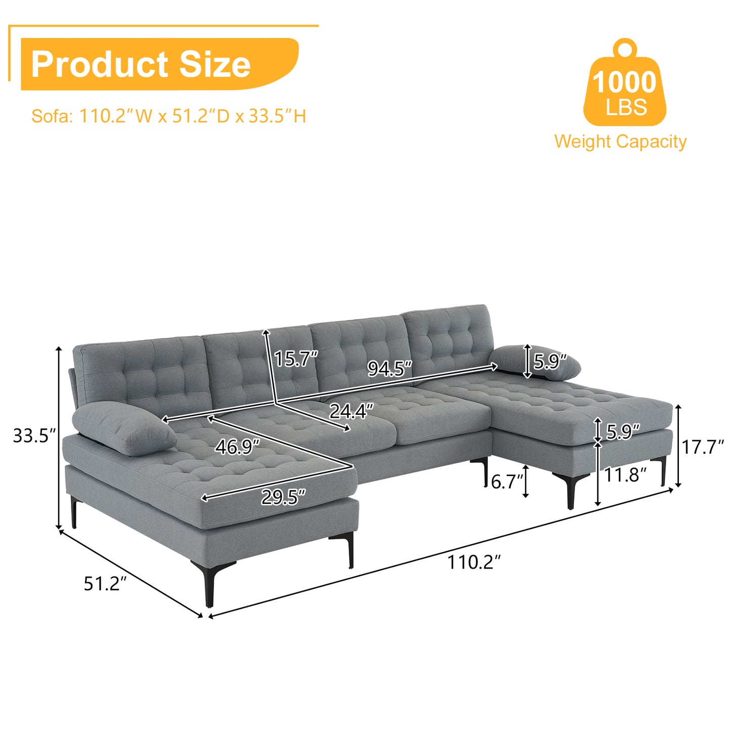 U-Shaped Sectional Sofa – Soft Armrest & Backrest, Wooden & Iron Frame with Gold Legs, Beige Upholstery
