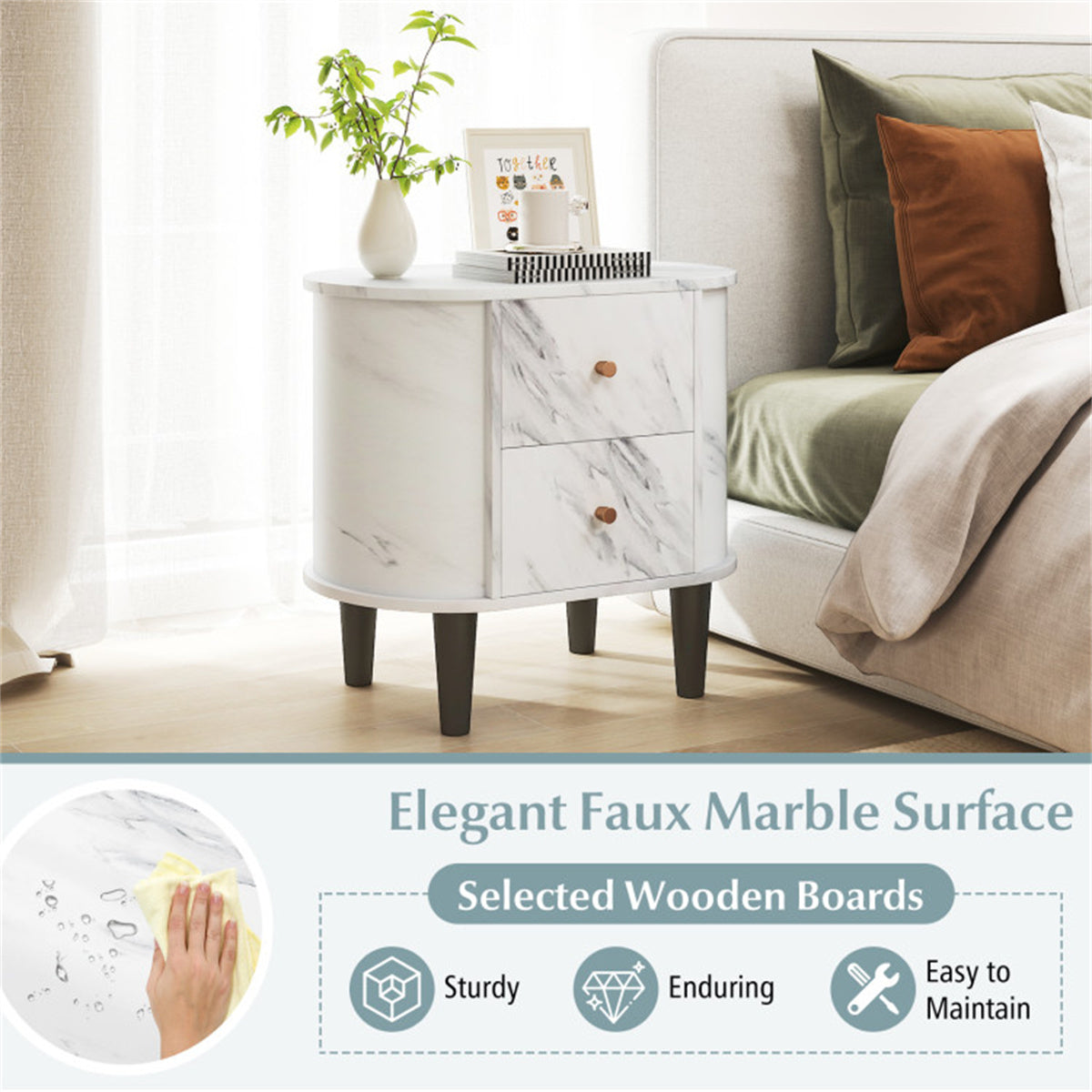 White Nightstand with Faux Marble Top & 2 Drawers – Modern Bedroom Side Table