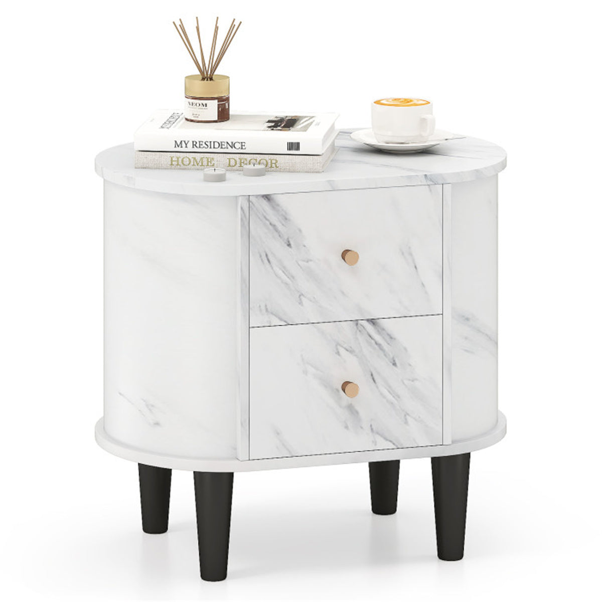White Nightstand with Faux Marble Top & 2 Drawers – Modern Bedroom Side Table