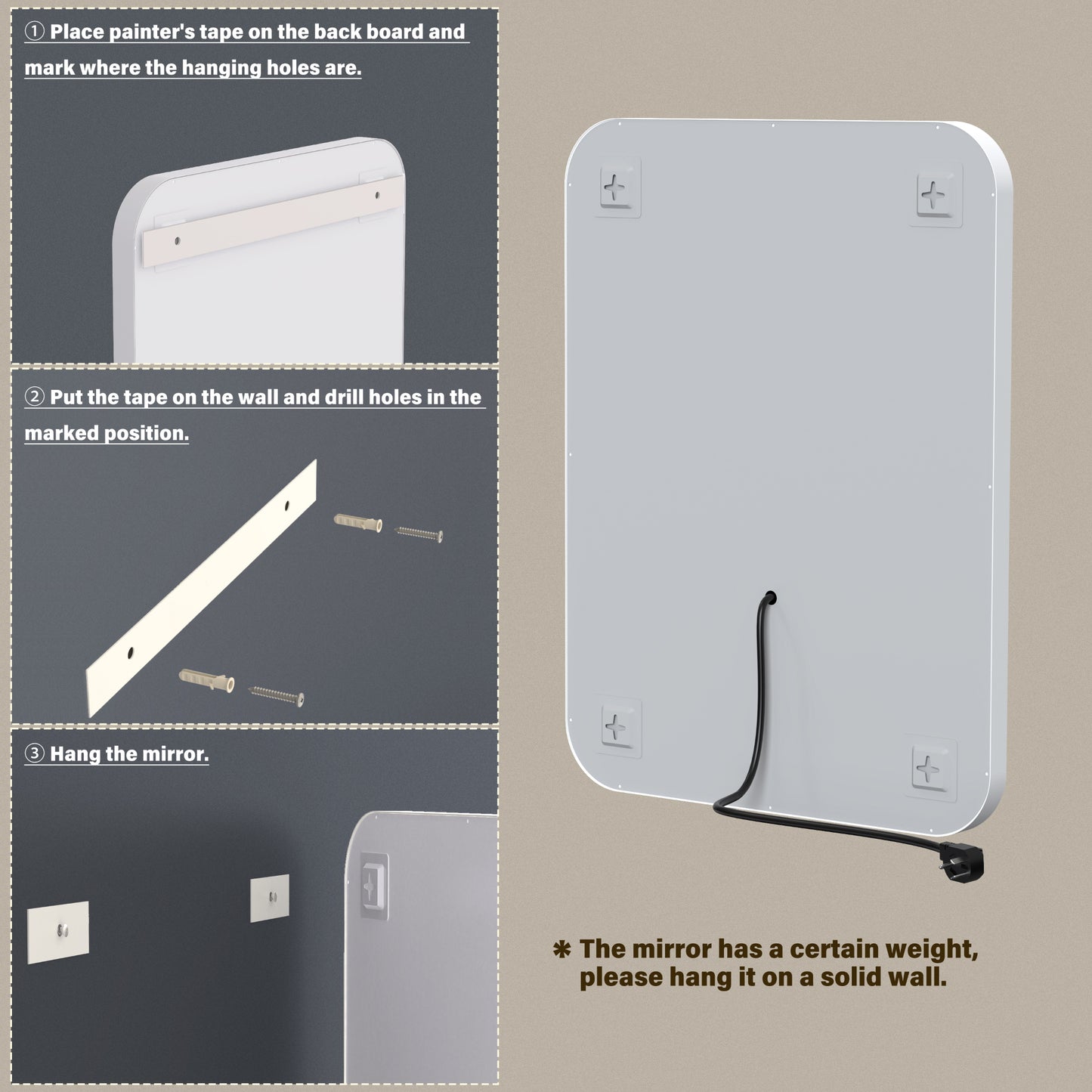 36x28" LED Bathroom Vanity Mirror, Dimmable, Anti-Fog, Wall Mount