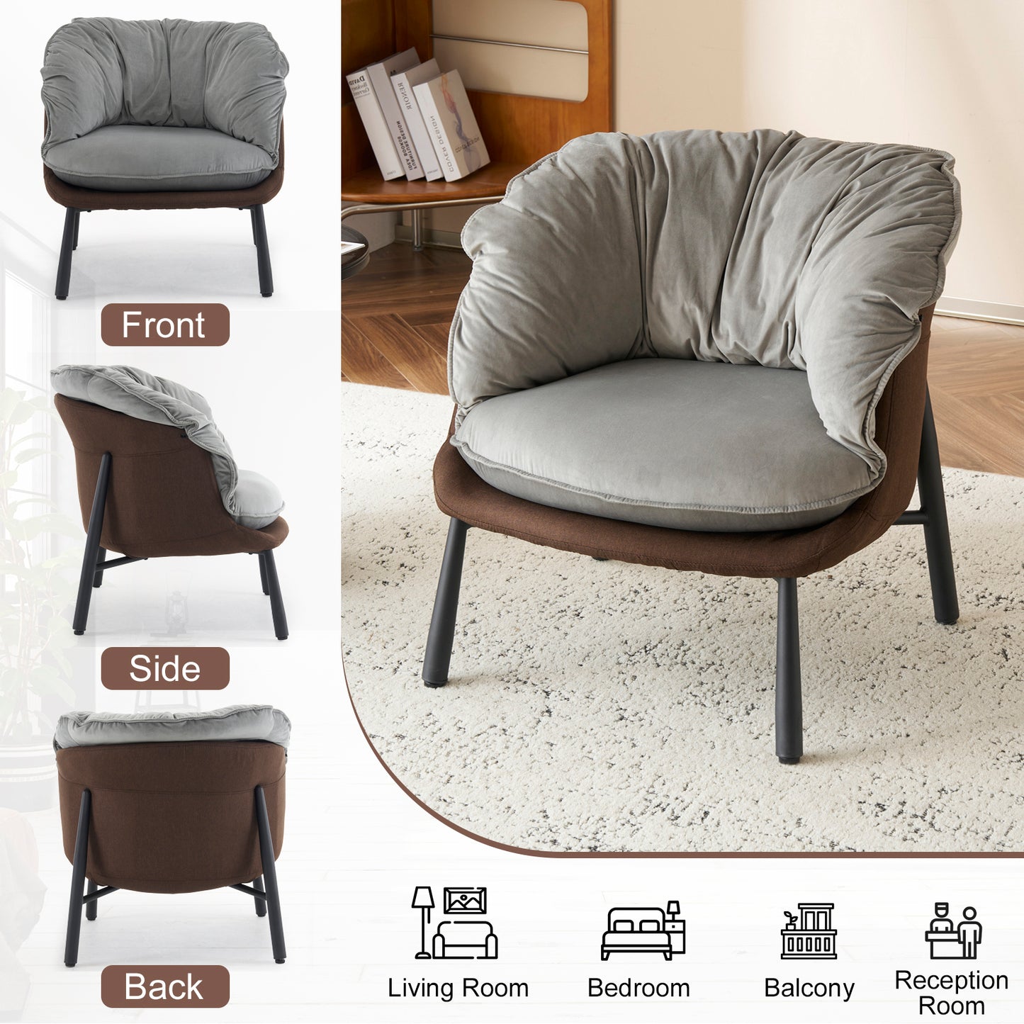 Modern Velvet Barrel Accent Chair with Metal Legs – Gray Armchair