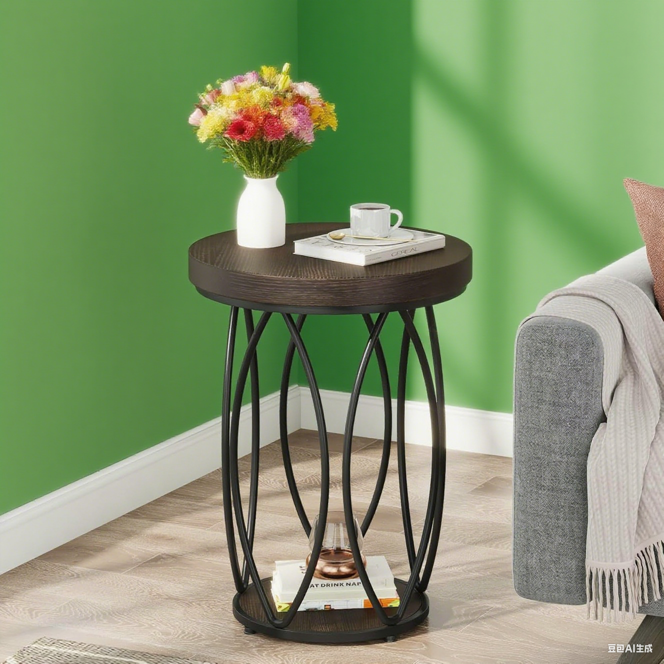 Rustic Round Coffee Table with Metal Frame & Storage Shelf – Industrial Side Table