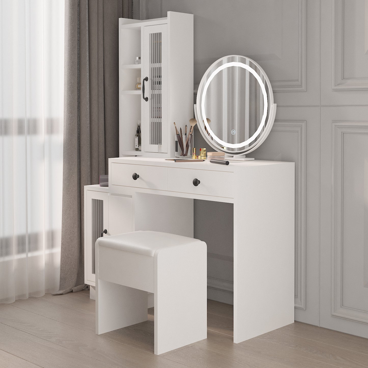 Modern Vanity Table Set w/ LED Mirror, Side Cabinet & Outlets, 3 Lights