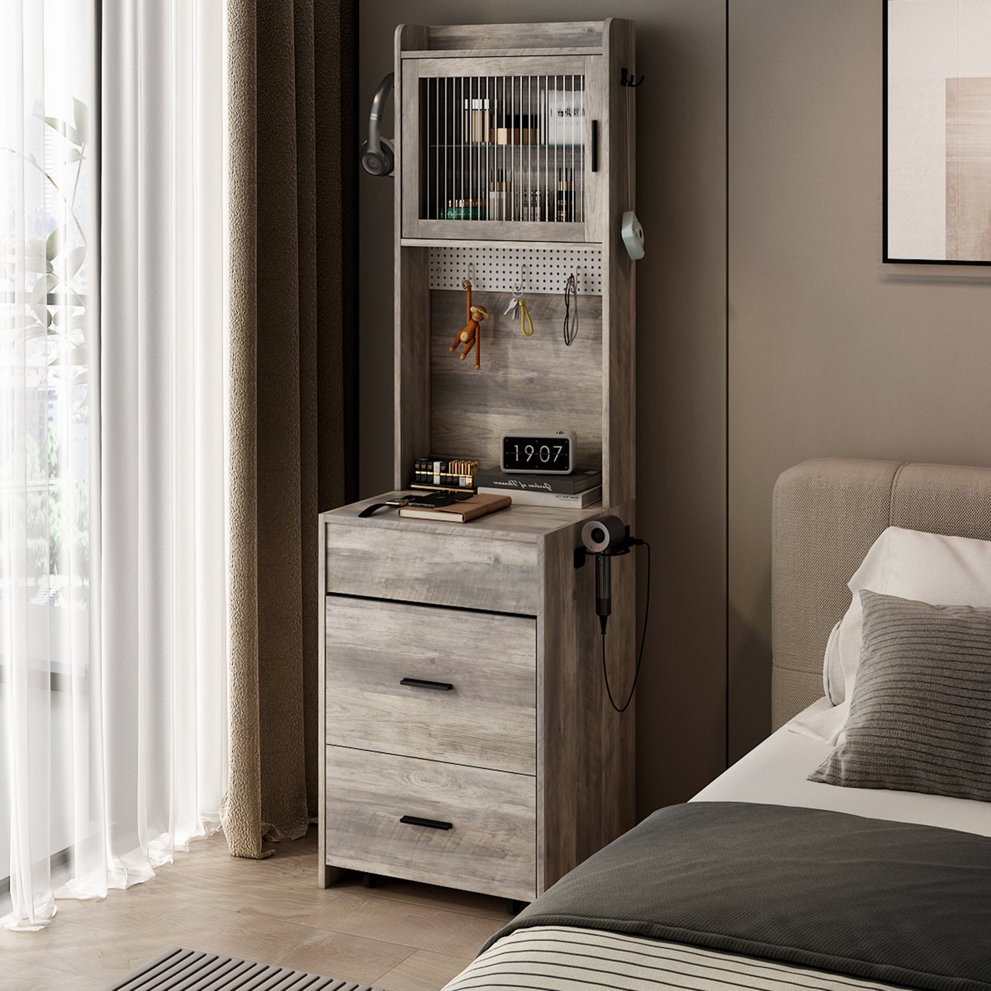 Compact Vanity Desk with Mirror, LED Lights, Charging Station & Stool, White