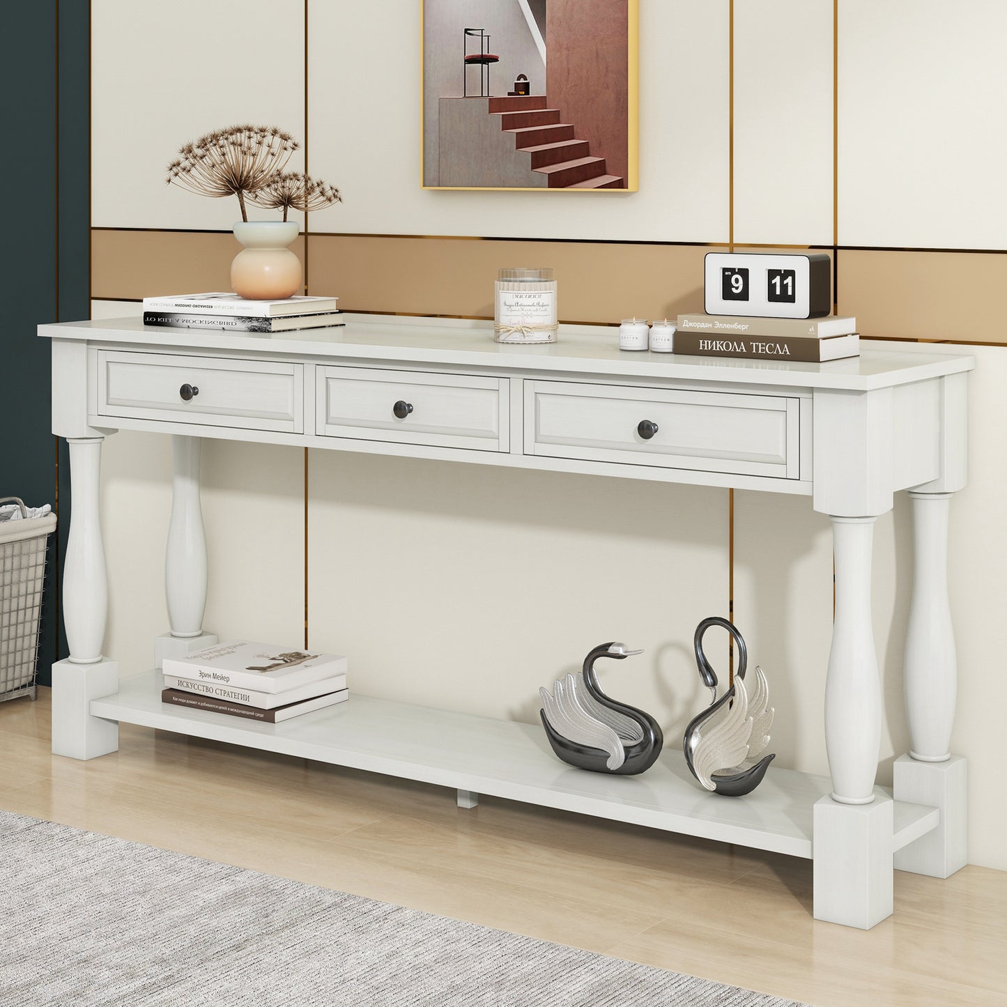 63" White Console Table with Drawers & Shelf for Entryway, Hallway, Living Room