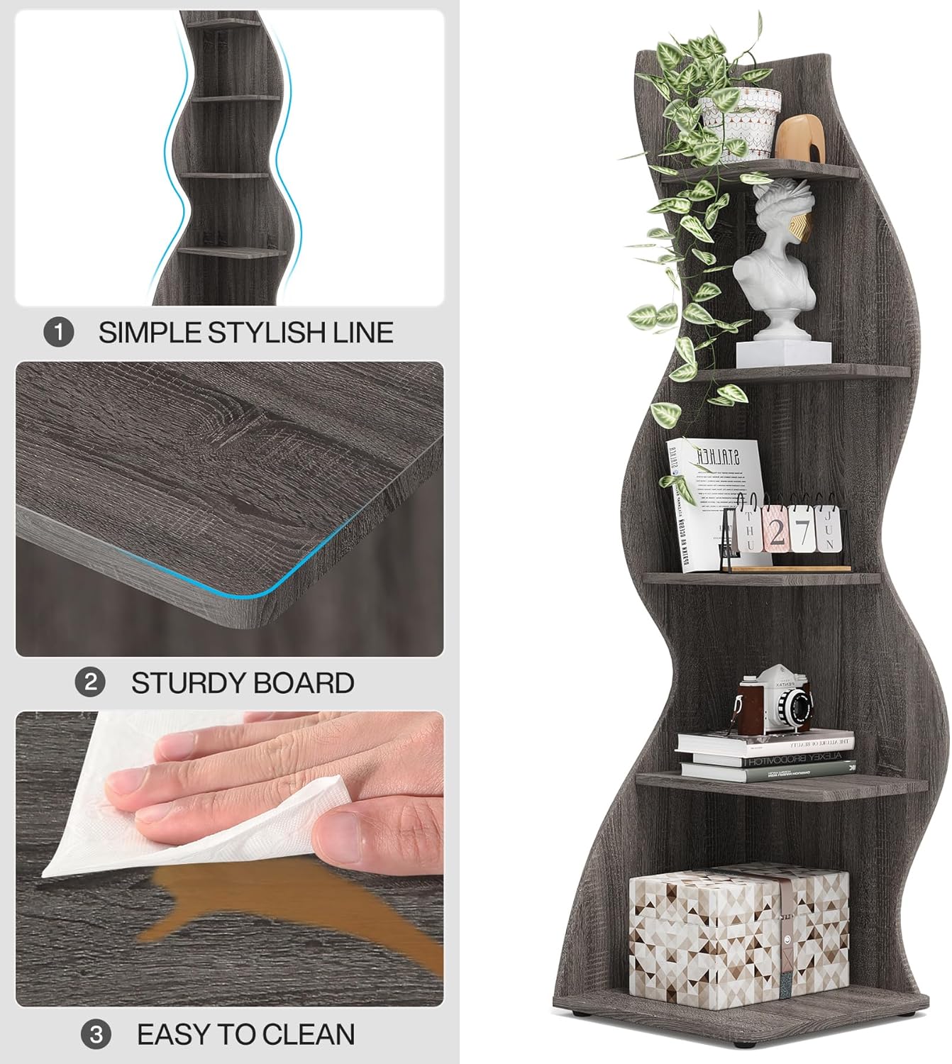 Dark Brown Wavy 5-Tier Corner Bookshelf – Modern Sculpted Bookcase Storage Rack