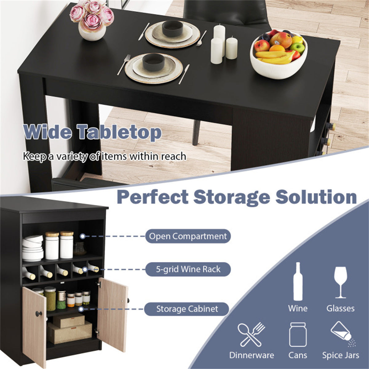 48" Black Kitchen Bar Table with Storage Cabinet and Built-In Wine Rack