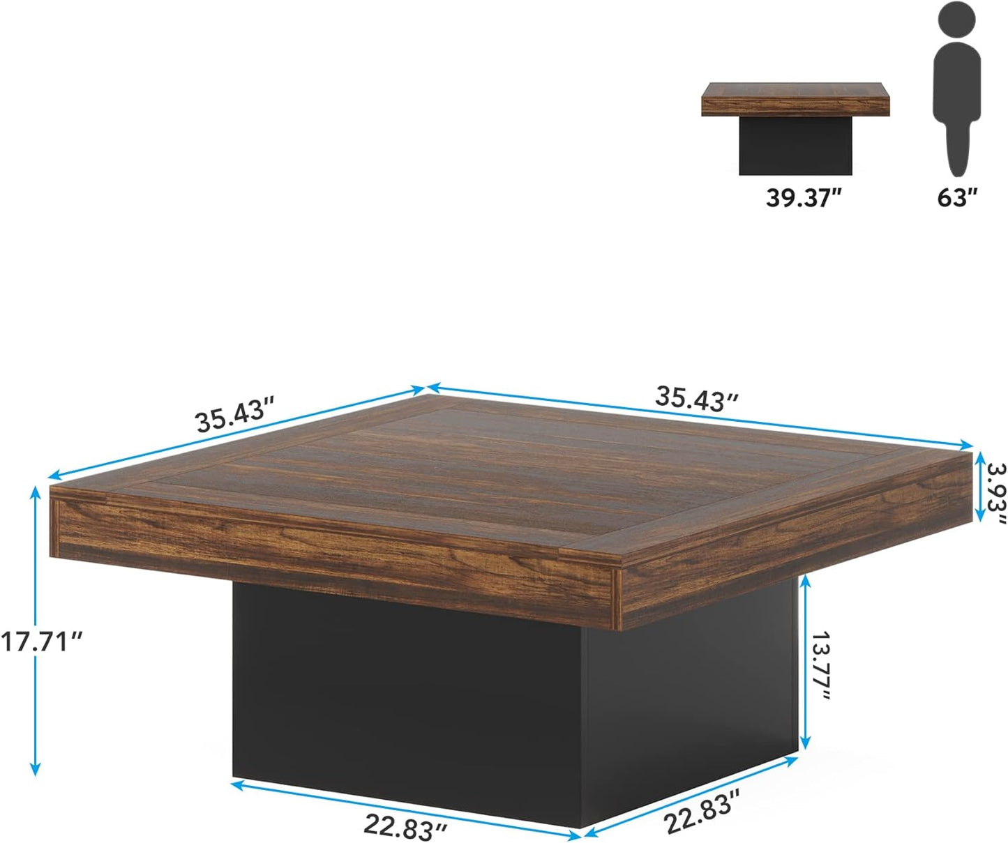 Rustic Brown LED Coffee Table with Black Base – 35” Square Modern Farmhouse Design