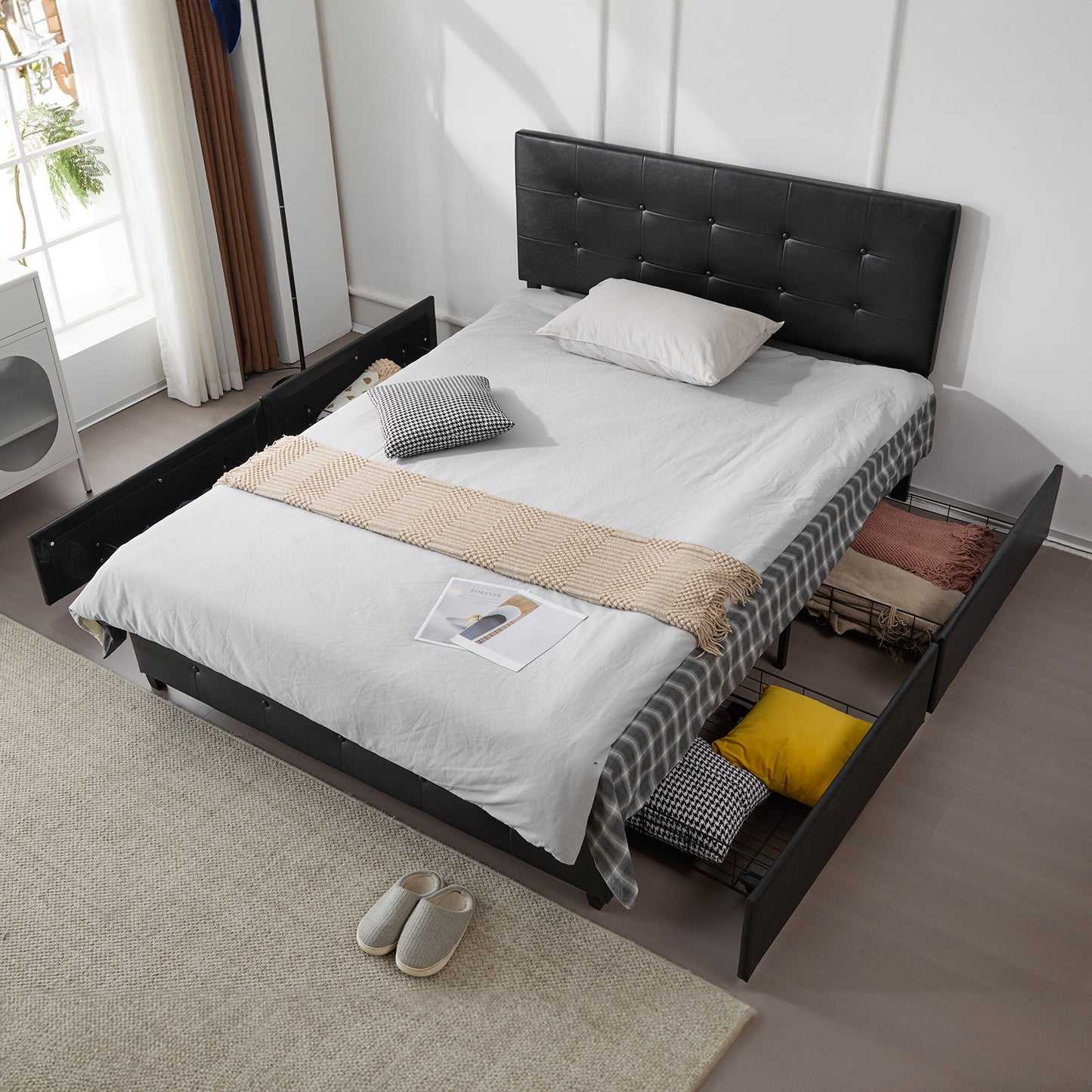 Queen Upholstered Platform Bed with 4 Drawers & Adjustable Tufted Headboard