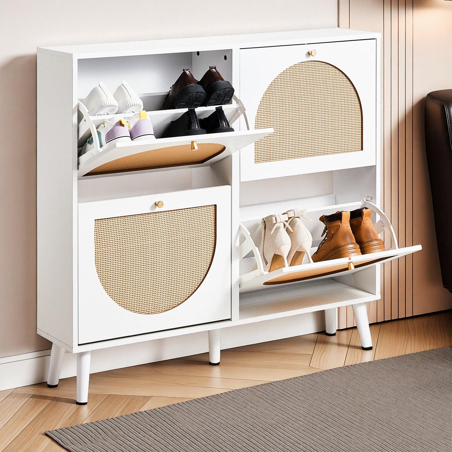 2-Row 4-Bucket Rattan Shoe Cabinet, White & Wood Finish w/ Gold High Legs