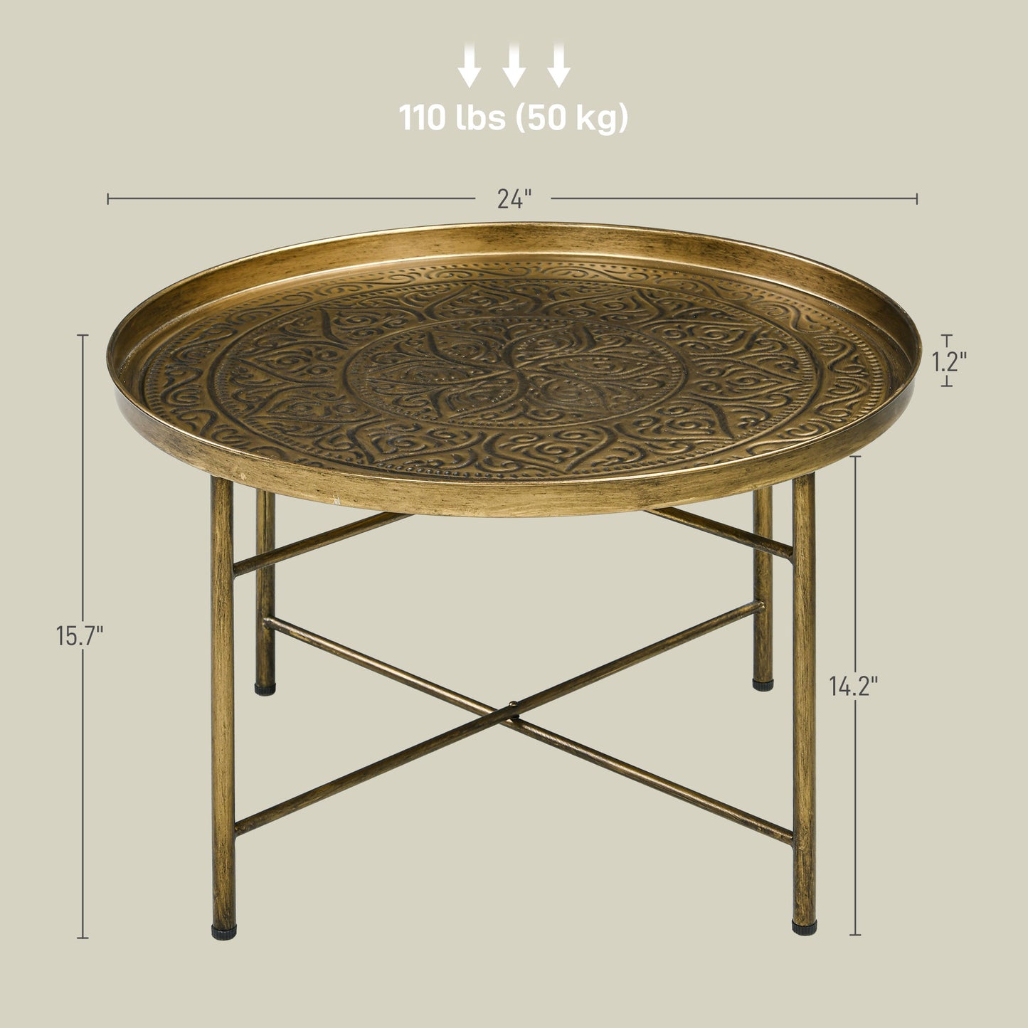 Round Hammered Gold Metal Coffee Table – 24” Sculpted Accent Table