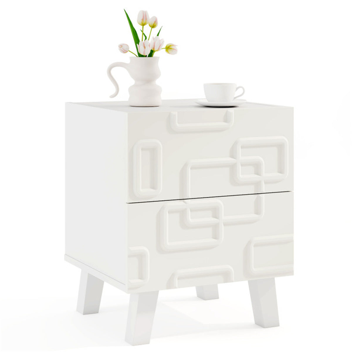 White Modern Nightstand with 2 Drawers – Geometric 3D Pattern Bedside Side Table