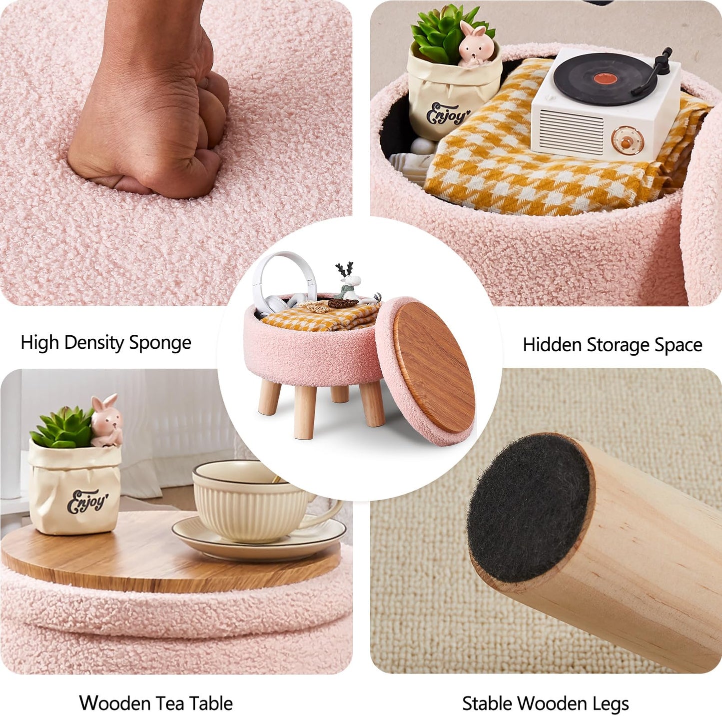 Round Storage Ottoman, Teddy Velvet Footrest with Wood Legs for Living Room, Pink