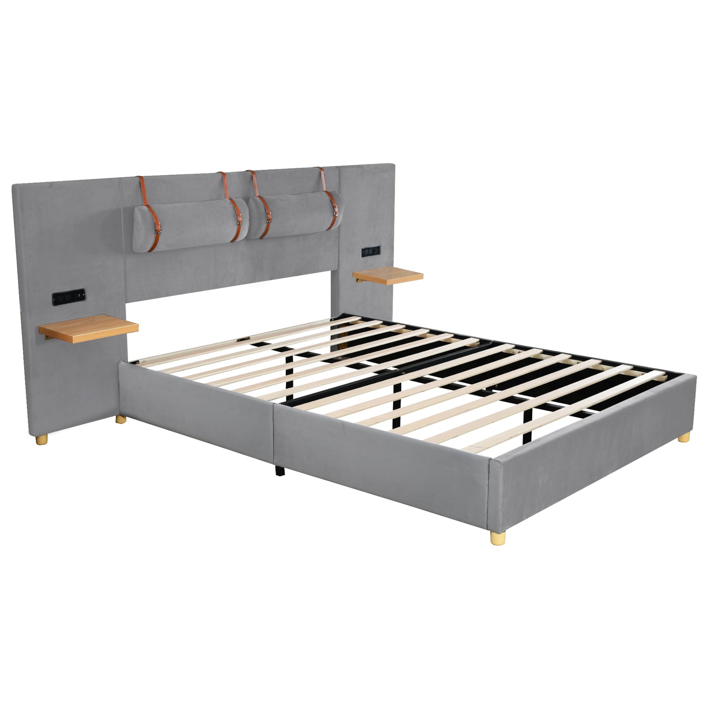 Queen Upholstered Platform Bed with USB Ports, Pillows & Storage Shelves – Gray