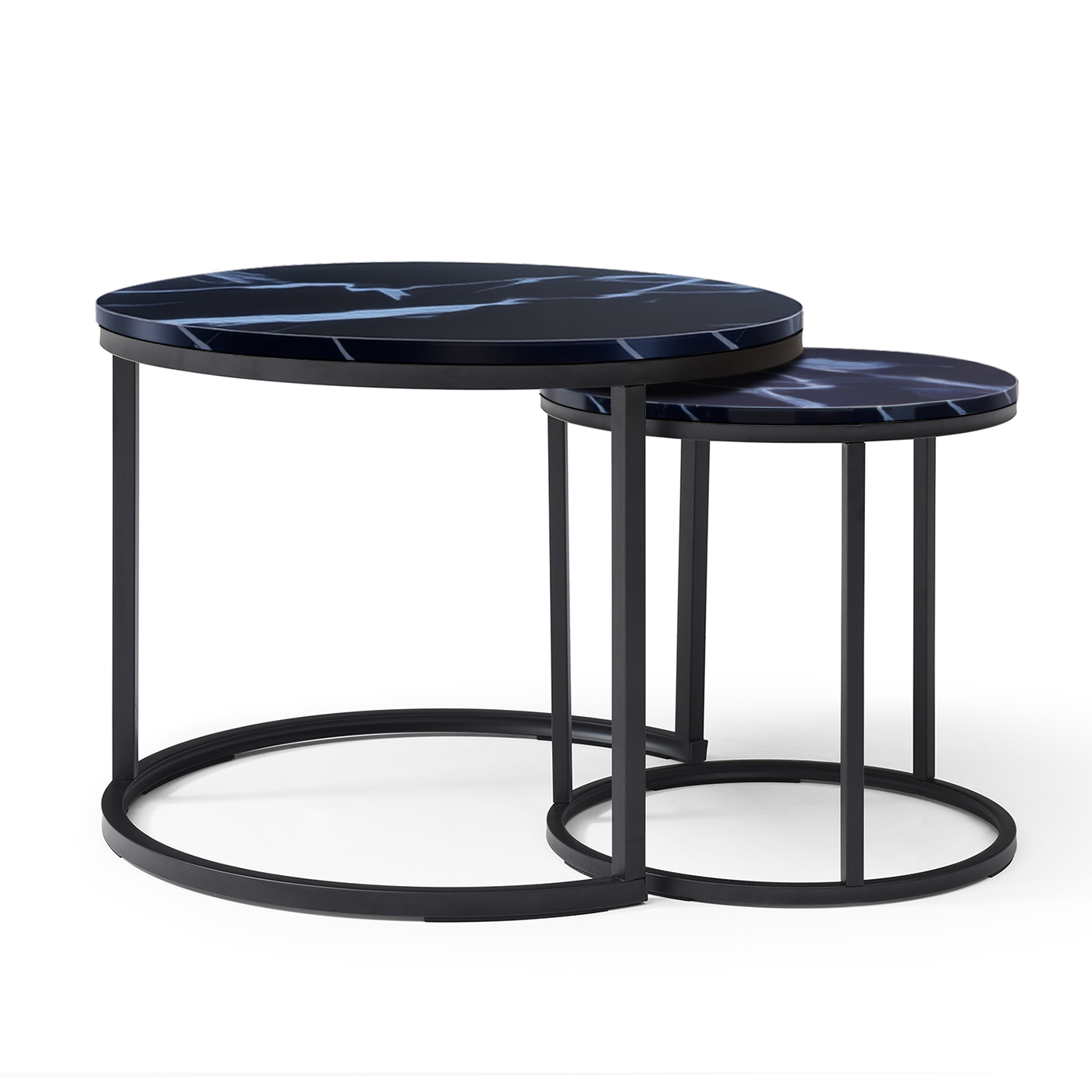 Set of 2 Nesting Coffee Tables – Round Black Frame with Marble Pattern Tops