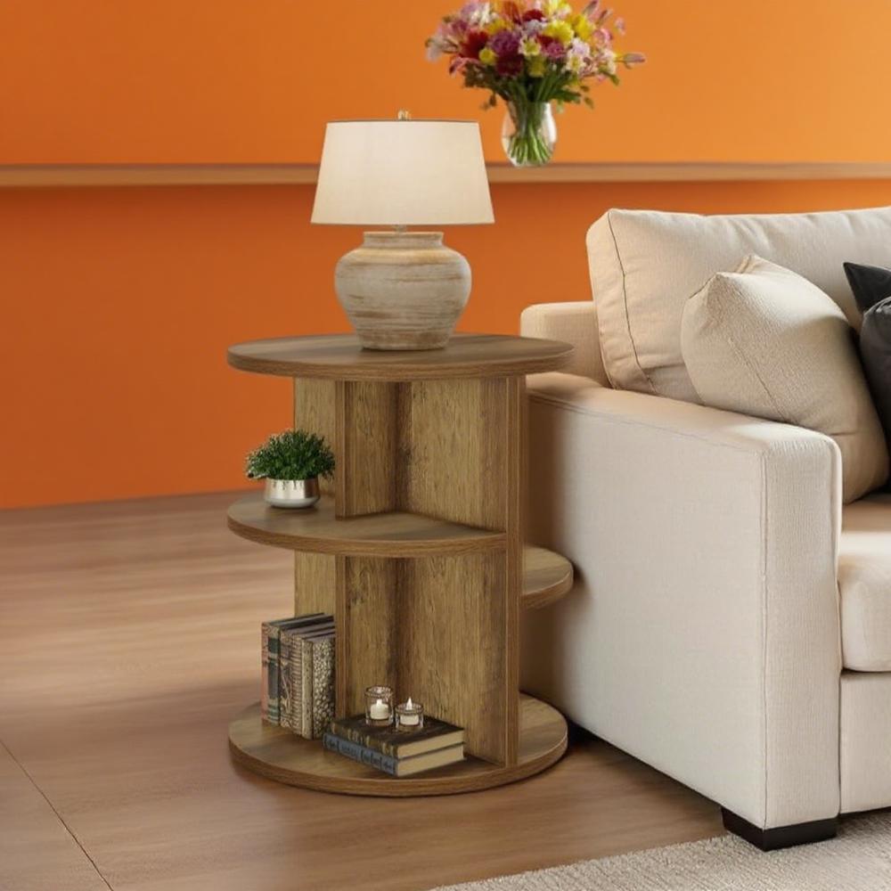 Farmhouse Round Coffee Table with 3-Tier Storage – Rustic Brown Sofa Side Table