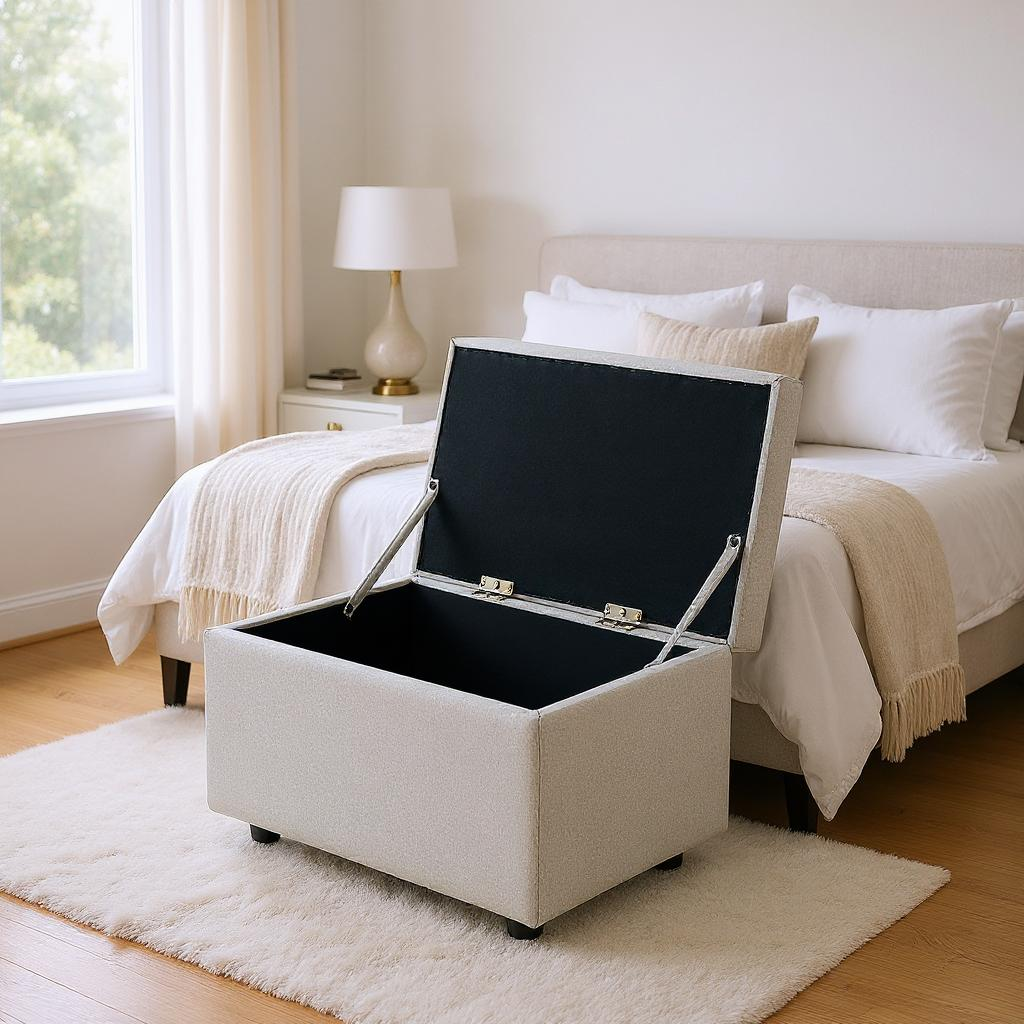 Light Gray Linen Storage Ottoman Bench with Hidden Compartment – 24.8" Wide