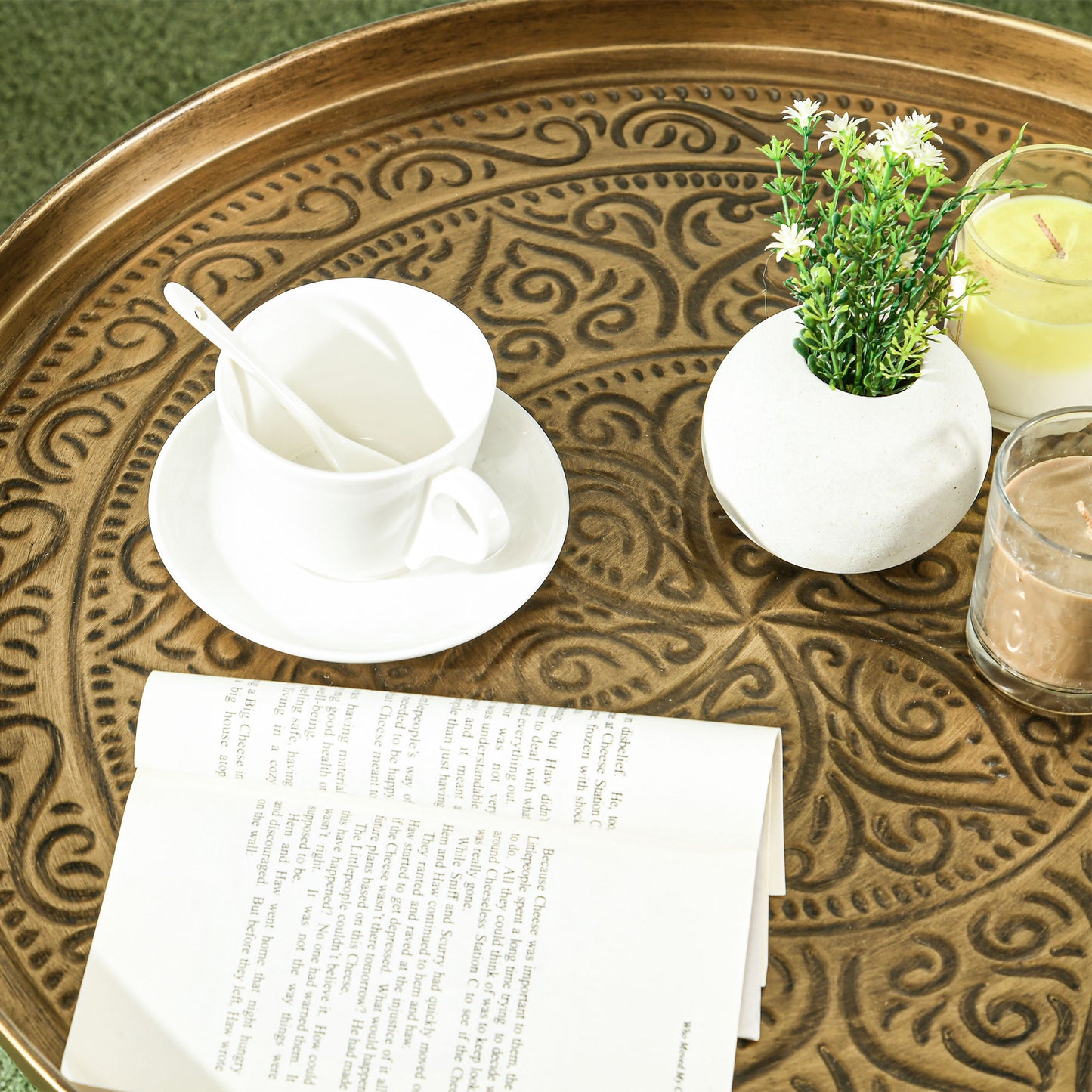 Round Hammered Gold Metal Coffee Table – 24” Sculpted Accent Table