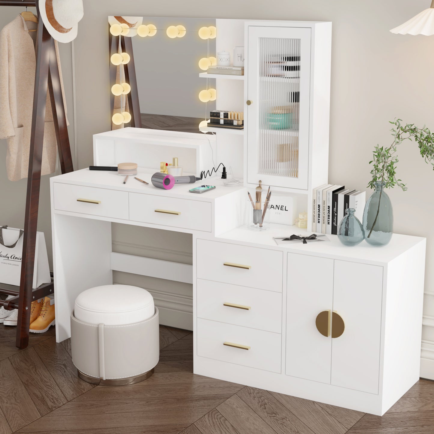 Large Vanity Table with Mirror, LED Lights, Drawers & Charging Station, White