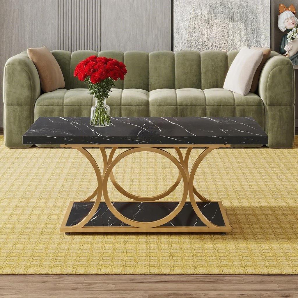 Rustic Black & Wood 2-Tier Coffee Table with Geometric Metal Base