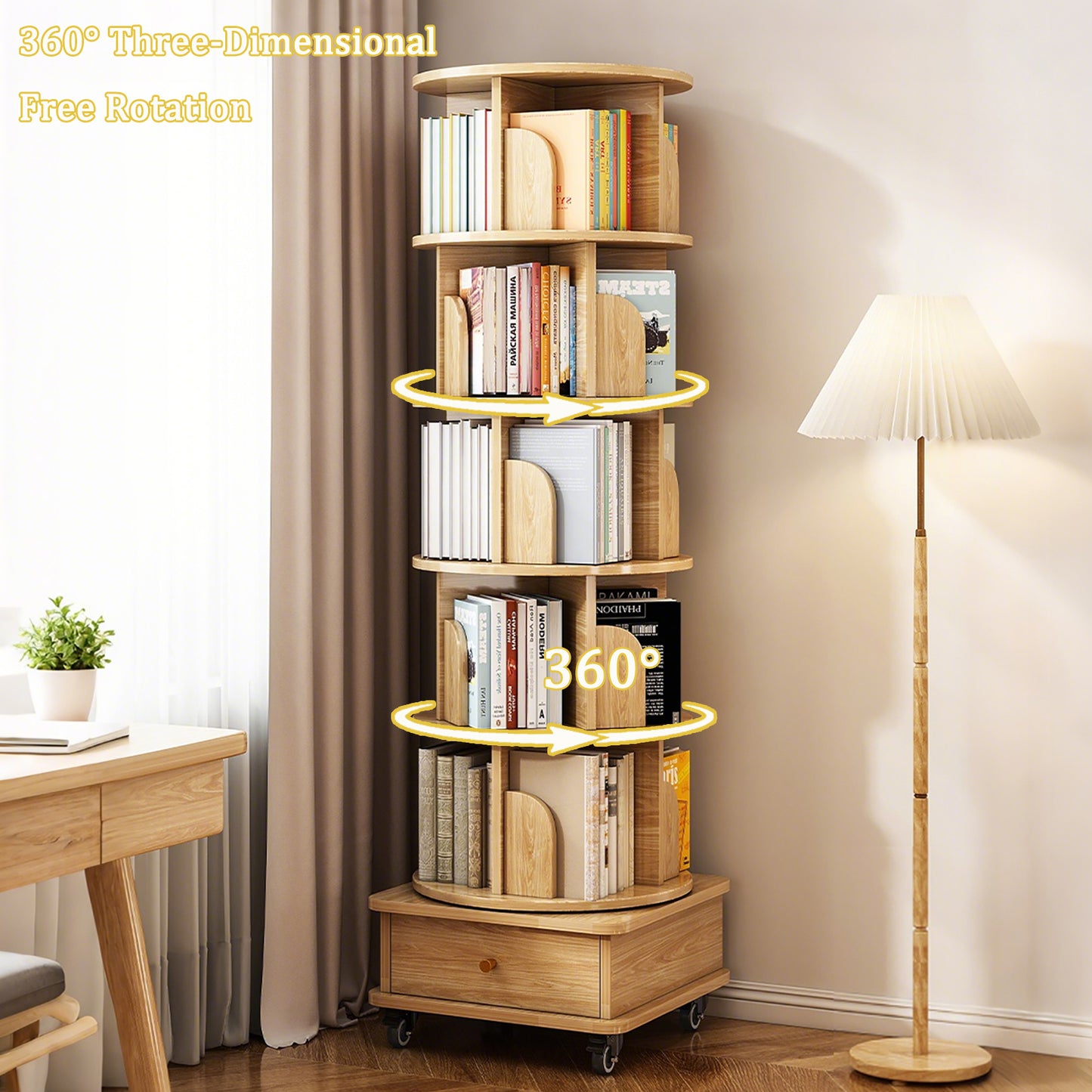 6-Tier 360° Rotating Bookshelf with Wheels & Drawer, Space-Saving Wood Color