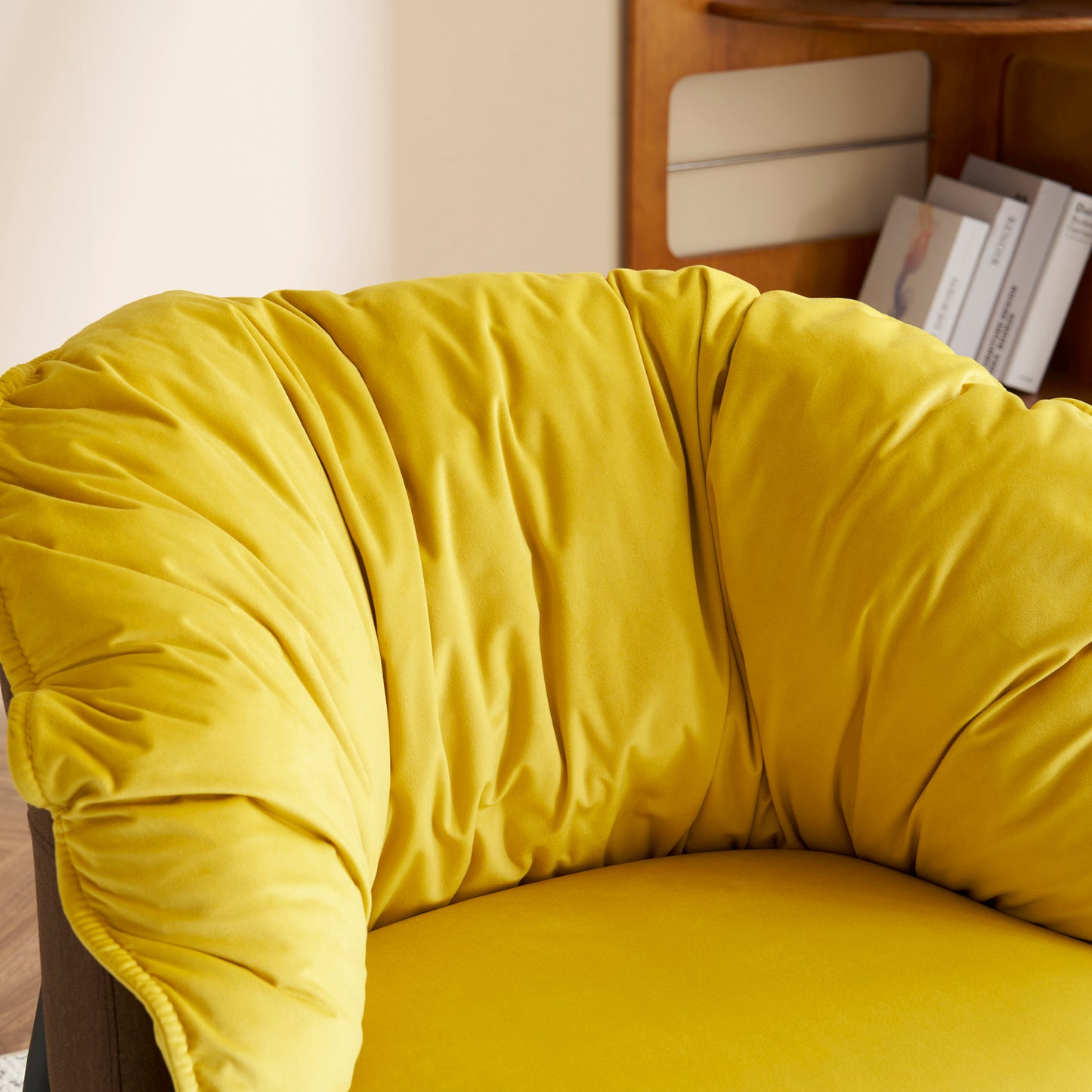 Modern Velvet Barrel Accent Chair with Metal Legs – Yellow Armchair