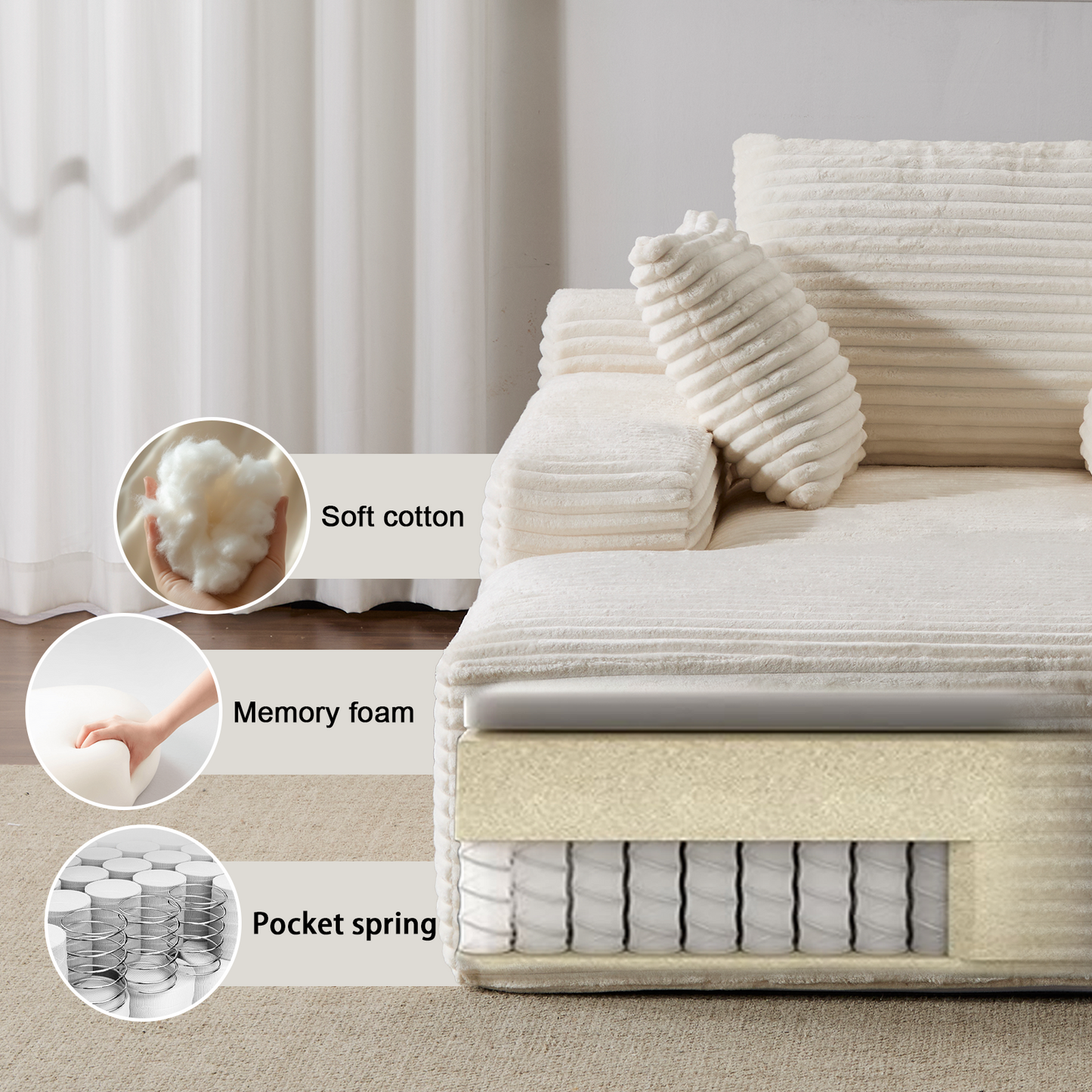 Oversized Chaise Lounge Chair – Plush Corduroy Cloud Couch with 3 Pillows, White