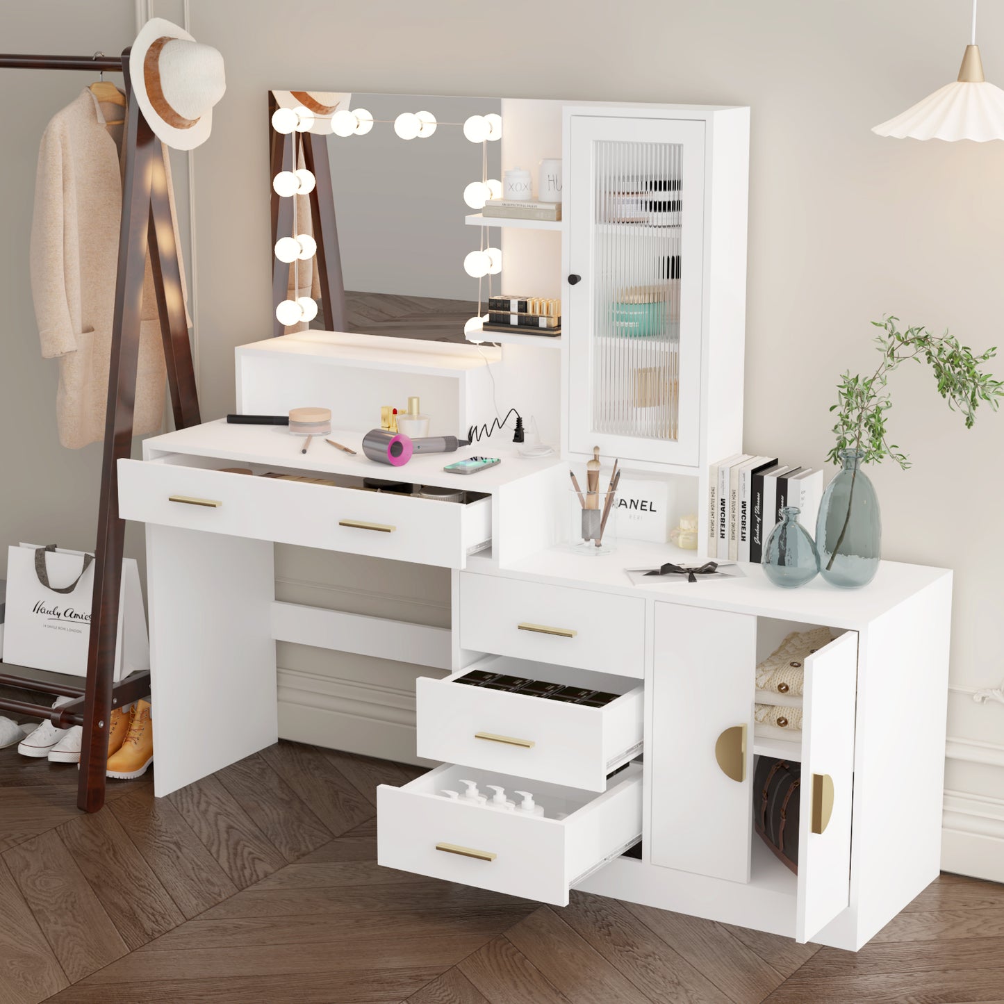 Large Vanity Table with Mirror, LED Lights, Drawers & Charging Station, White