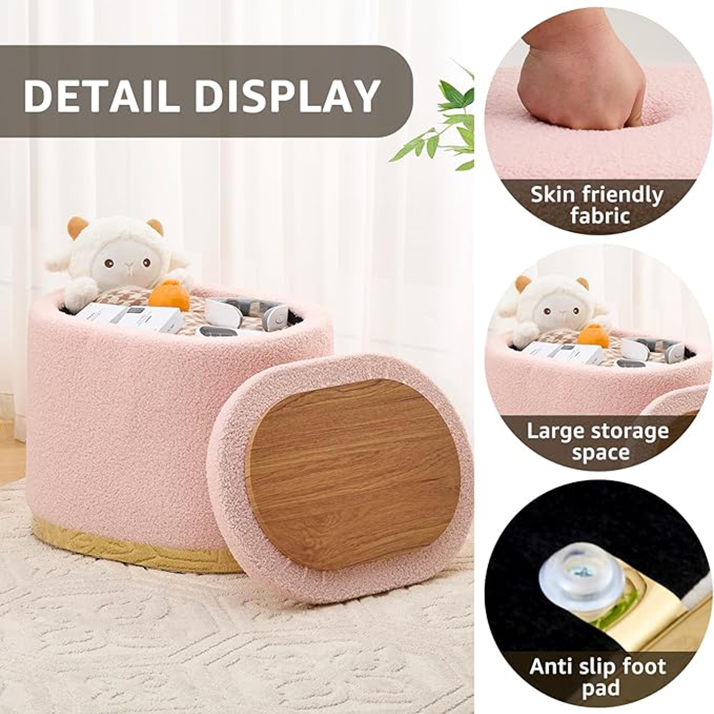 Round Storage Ottoman with Flip-Top Lid – Pink Upholstered Stool