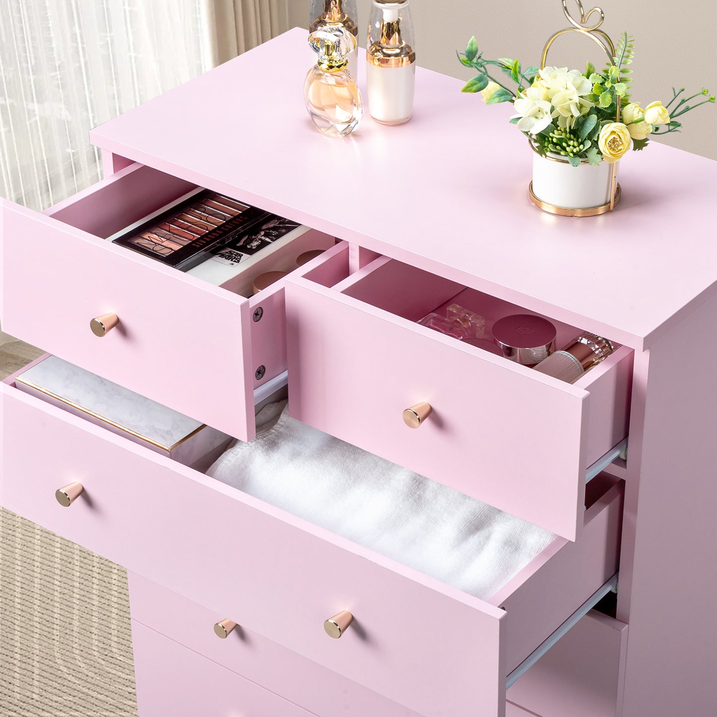 Modern Pink 7-Drawer Dresser – Space-Saving Storage for Bedroom or Home