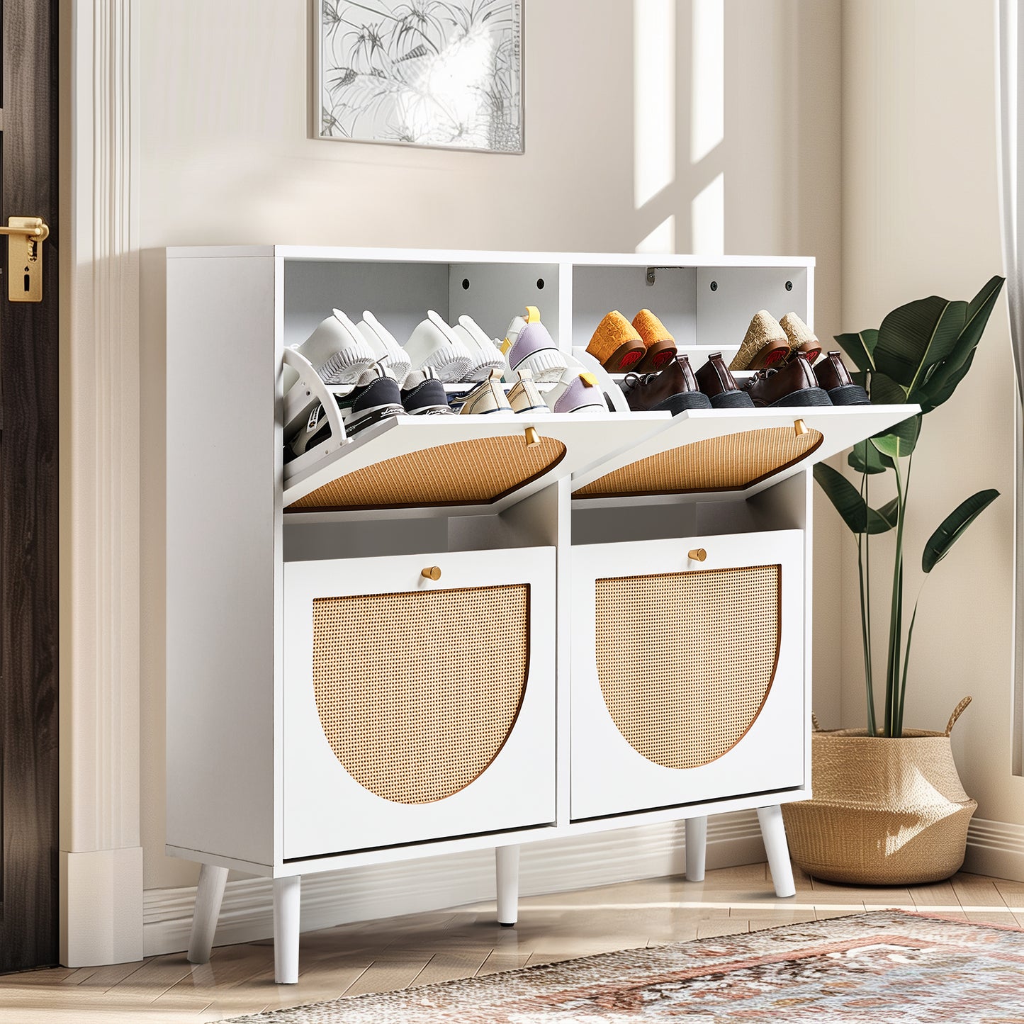 2-Row 4-Bucket Rattan Shoe Cabinet, White & Wood Finish w/ Gold High Legs