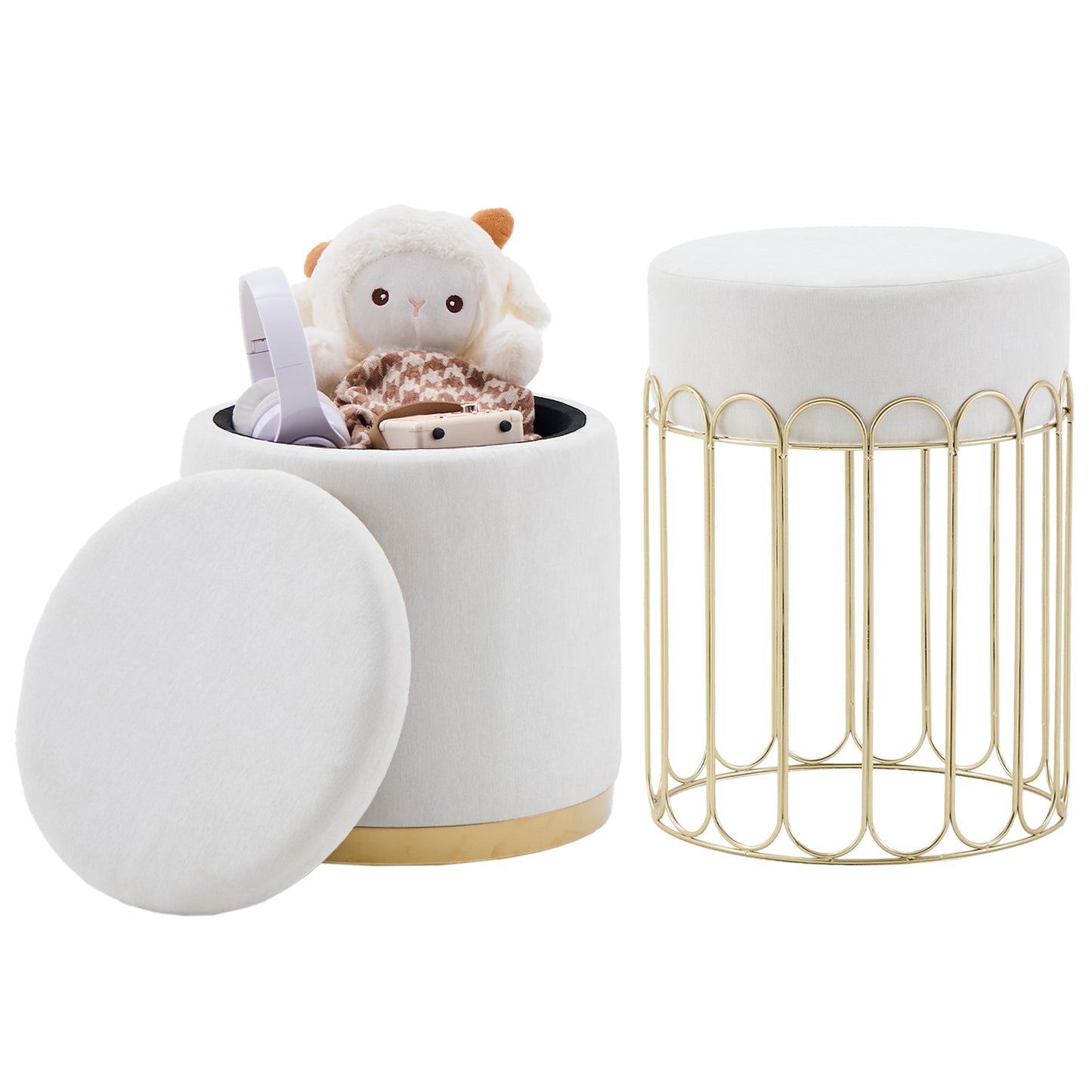 Set of 2 Round Velvet Storage Ottomans with Removable Lids – White